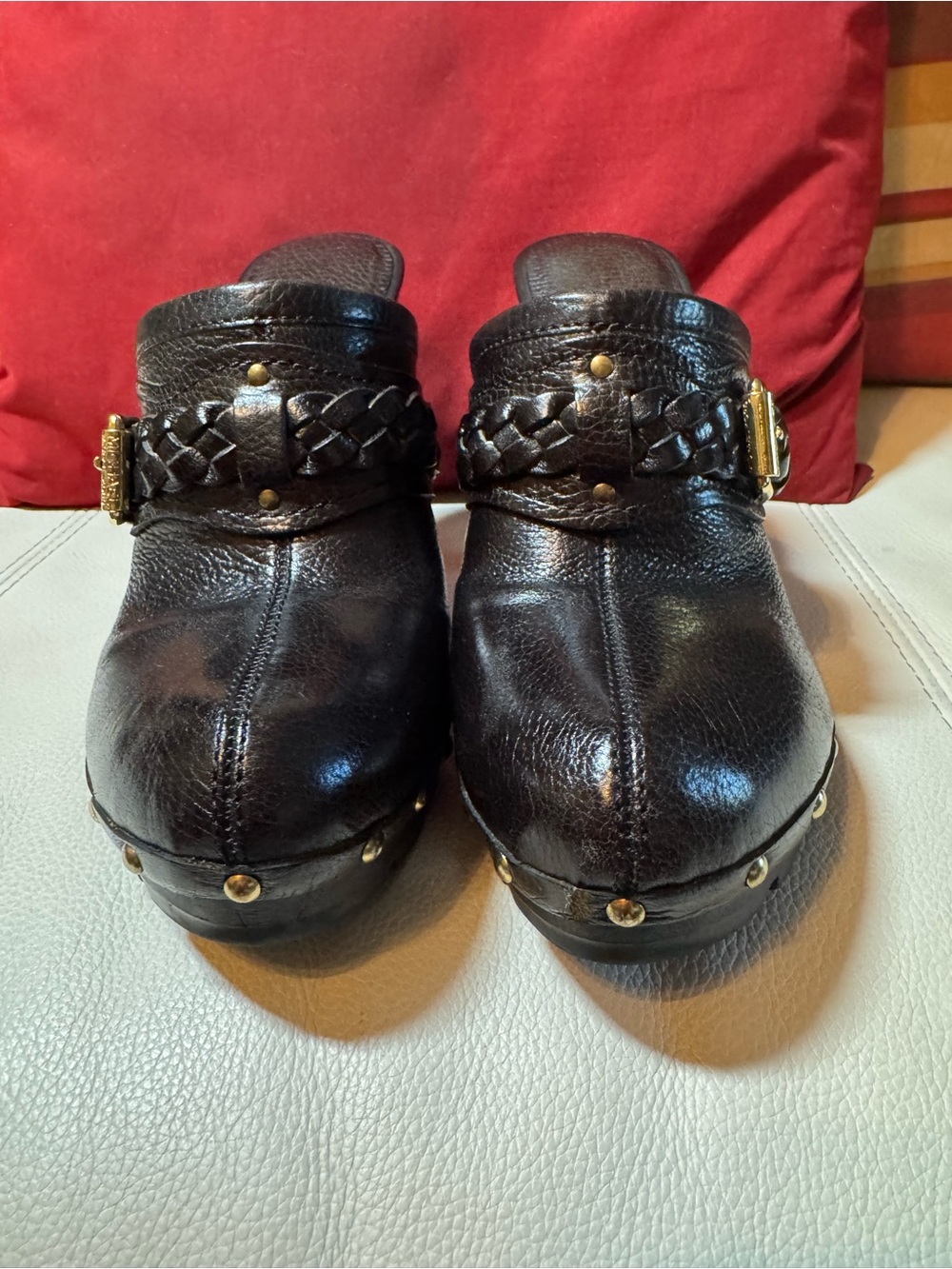 Michael Kors Black Braided Leather Clog Mules with Gold Buckle